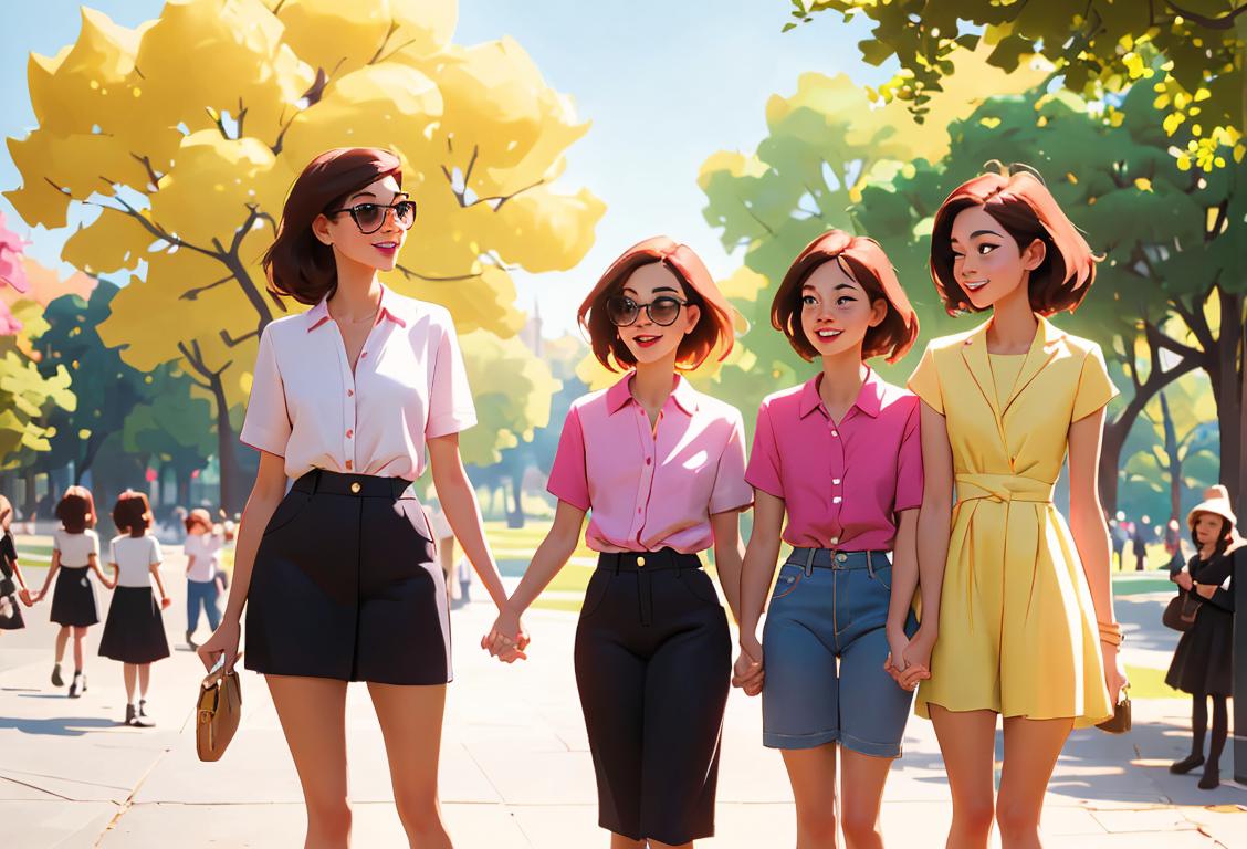 A group of young women, wearing trendy outfits and holding hands, enjoying a sunny day in the park with their favorite auntie..