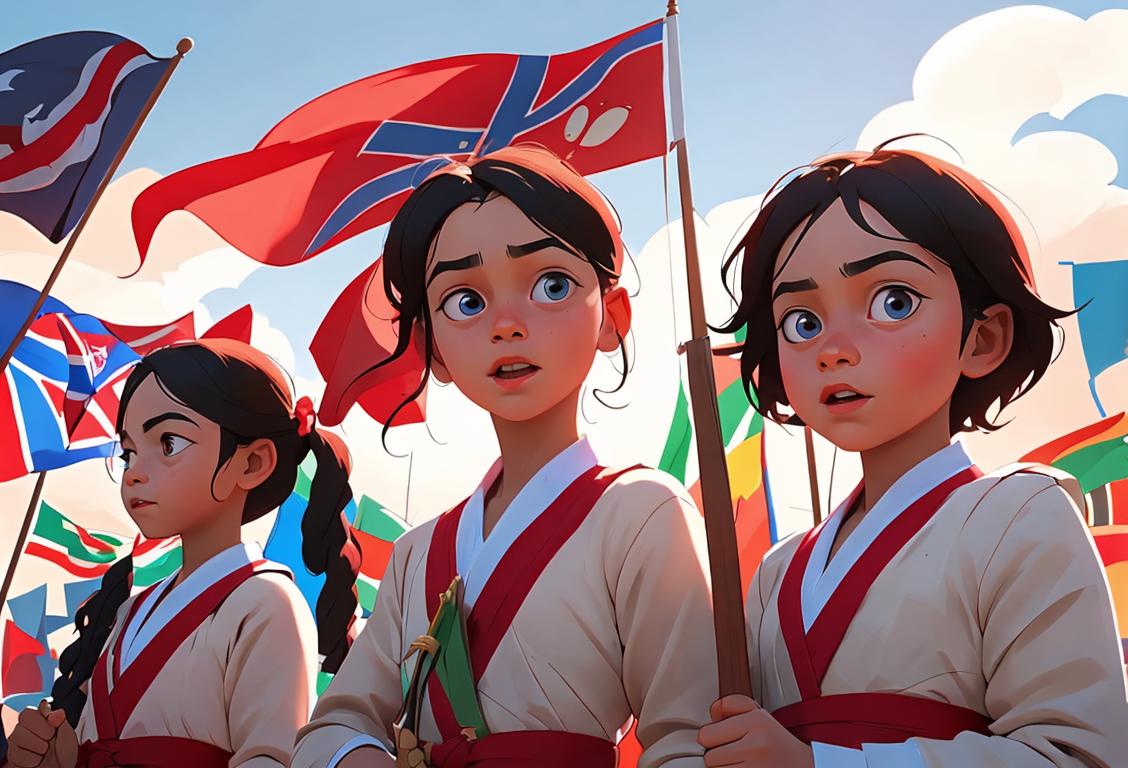 Enthusiastic children in diverse traditional outfits, holding flags, against a backdrop of iconic historical moments on National Victory Day..