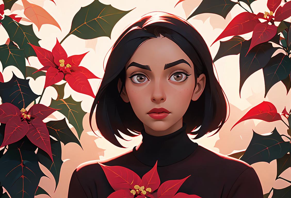 Young woman in a cozy winter sweater, surrounded by beautiful poinsettia plants, autumn setting..