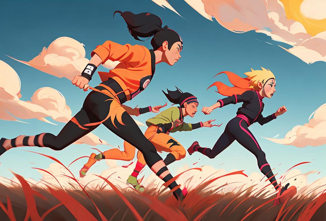 Teenagers sprinting in an open field, wearing headbands, inspired by the popular anime Naruto, with brushstrokes of vibrant colors..