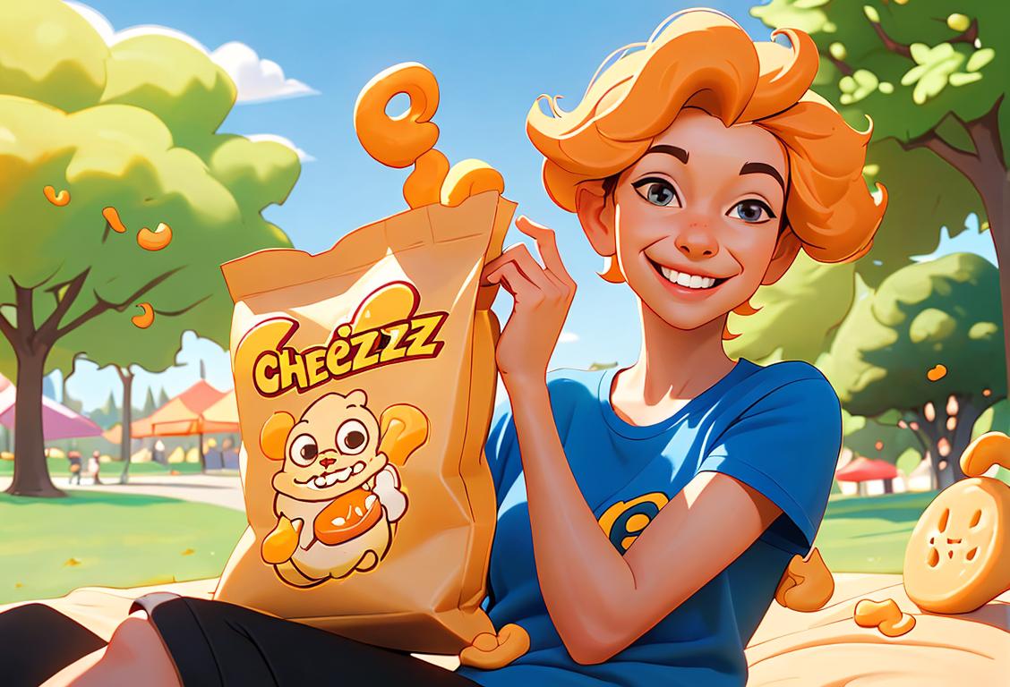 A happy, smiling person holding a bag of cheez doodles, wearing a t-shirt with a cheez doodle logo, enjoying a picnic in a sunny park..