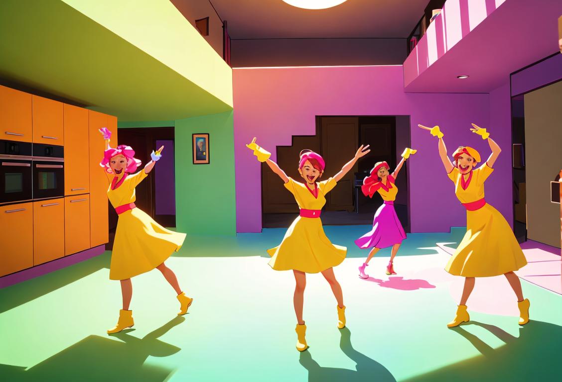 A cheerful group of people wearing bright and colorful clothes, dancing and making cleaning gestures in various settings, including a kitchen and a living room..
