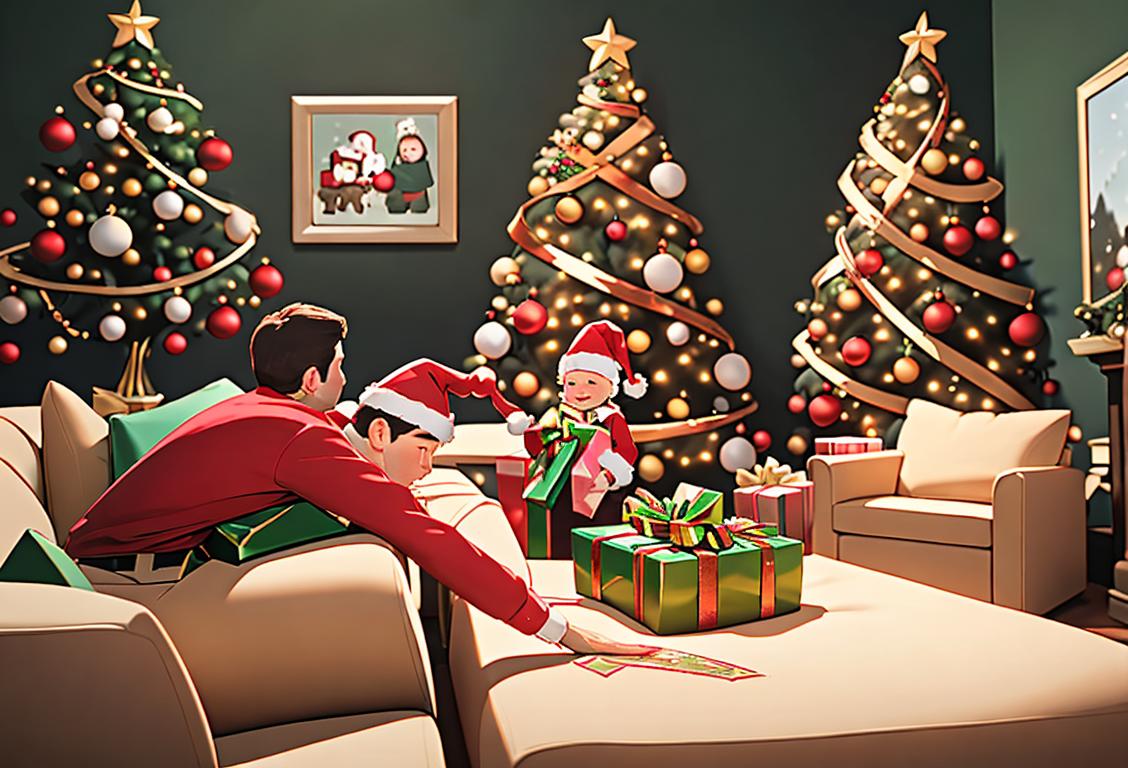 Joyful family gathered around a Christmas tree, unwrapping presents with excitement, cozy living room decorated with lights and ornaments during National TV Opening Week and Christmas Day..