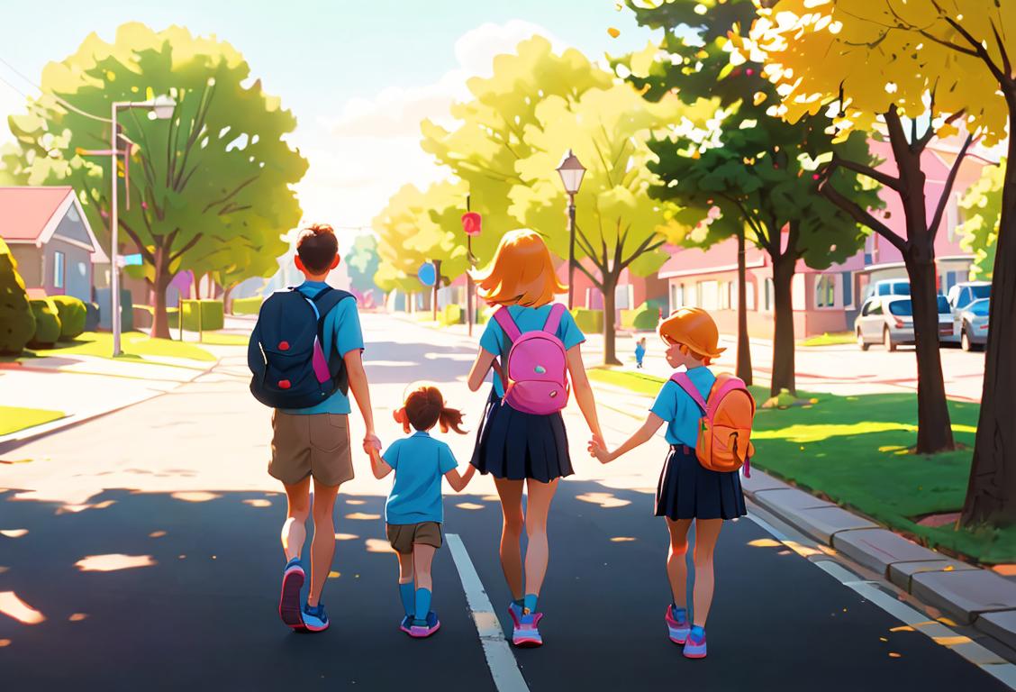 Family walking briskly to school, wearing backpacks, colorful sneakers, sunny suburban neighborhood..