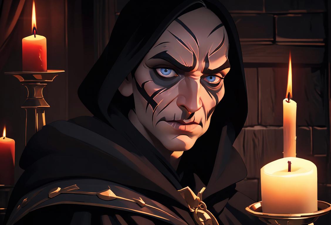 Middle-aged man with elaborate face paint, wearing a dark cloak, dungeon setting, candlelit ambiance..