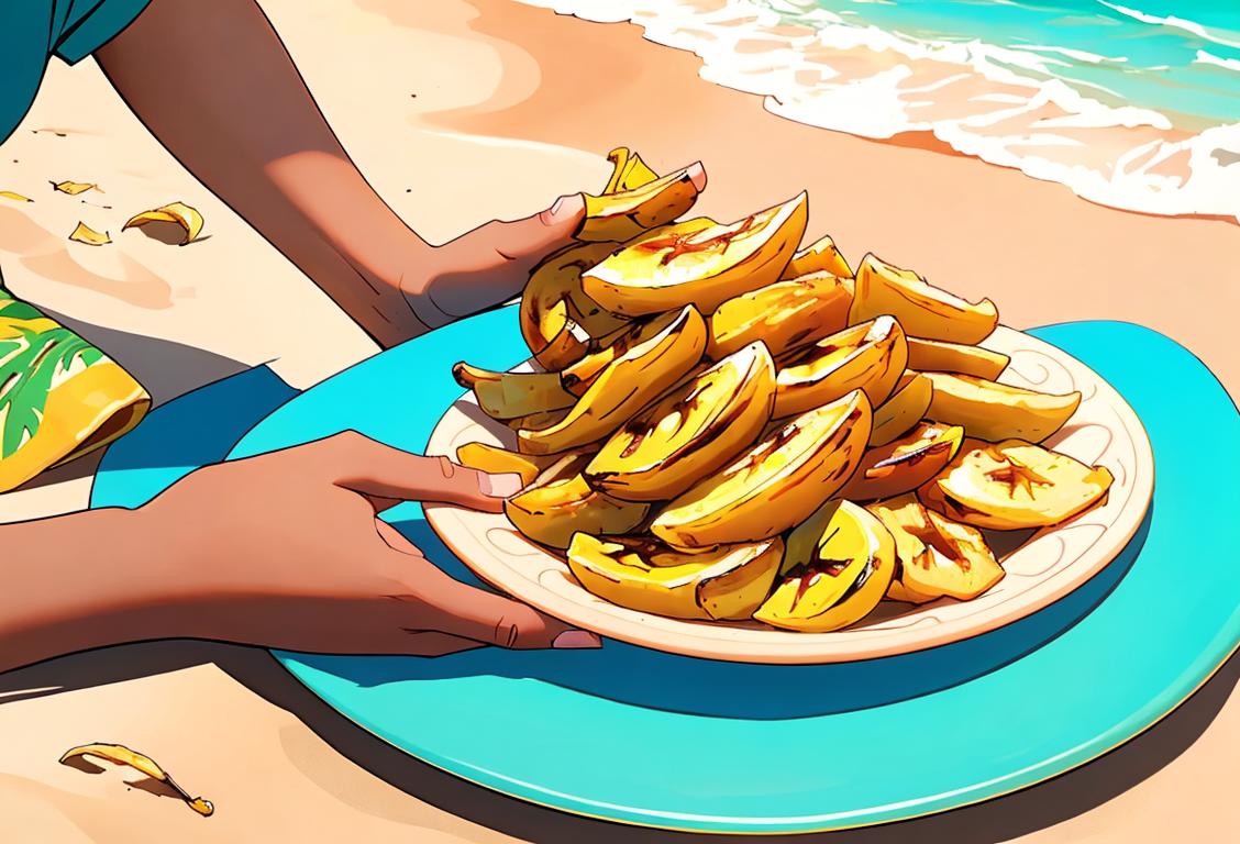 Delighted person holding a plate of fried plantains, wearing a tropical patterned shirt, beach setting, sunny day vibes..