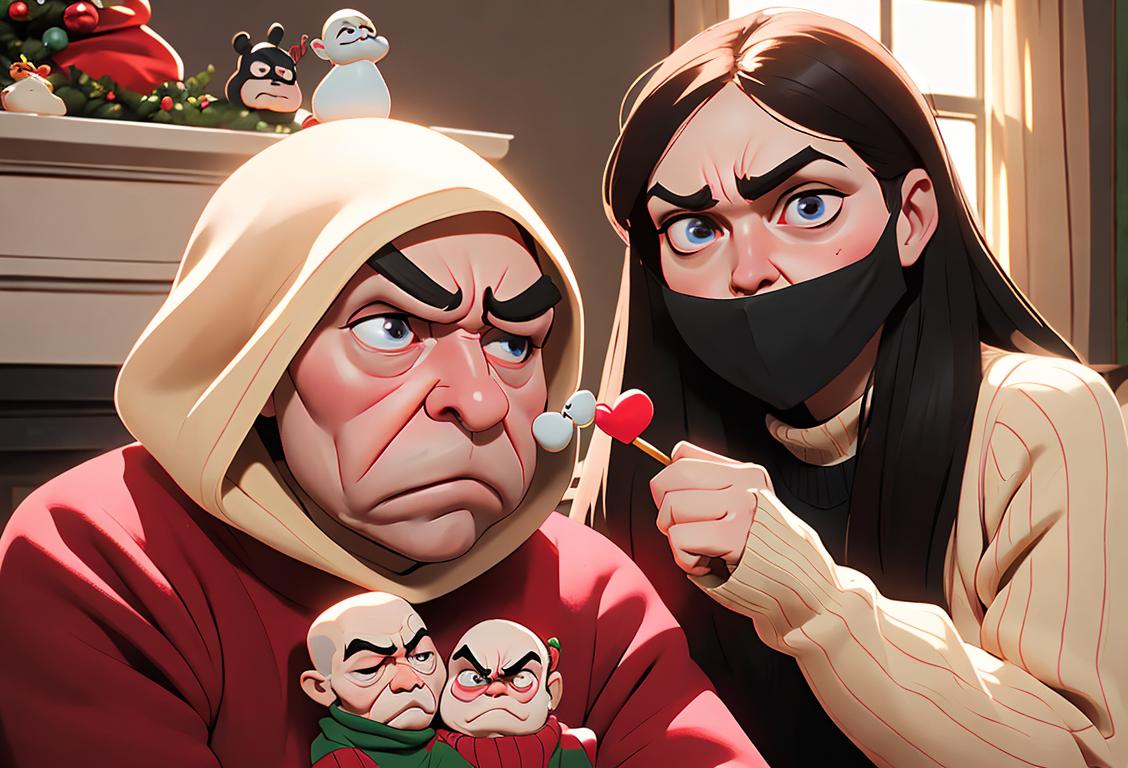 Two people wearing grumpy face masks, dressed in cozy sweaters and surrounded by prank props, in a festive living room decor..