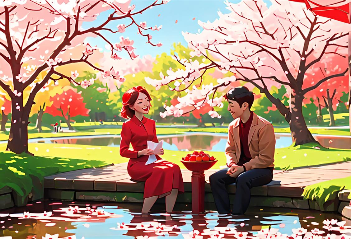 Young couple sitting by a red pond, surrounded by blooming cherry blossom trees, exchanging a red envelope and smiling with joy.