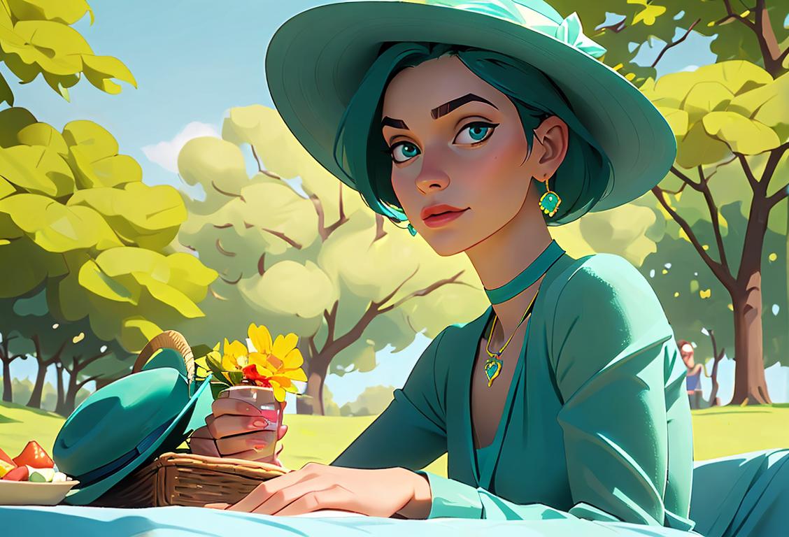 Young woman wearing a teal dress, accessorizing with a statement necklace and a sun hat, enjoying a picnic in a lush green park..