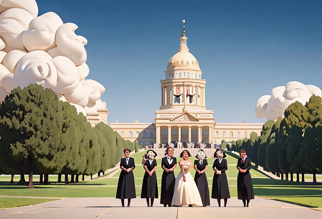 A joyful group of people, dressed in formal attire, at a grand historical landmark in the national capital, capturing the essence of laughter and celebration!.