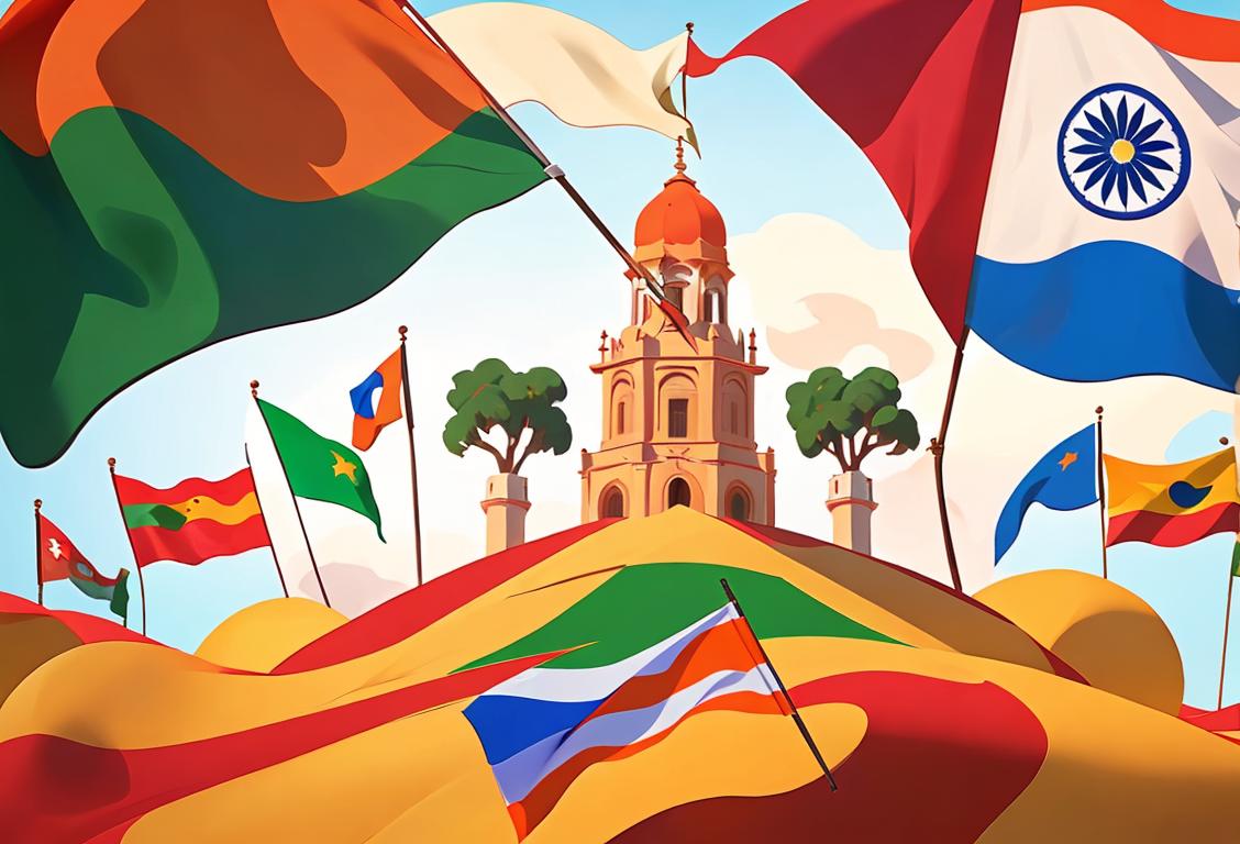 Happy Republic Day! Vibrant colors, diverse group of people, waving Indian flags, in traditional and modern attire, against a backdrop of iconic Indian landmarks..