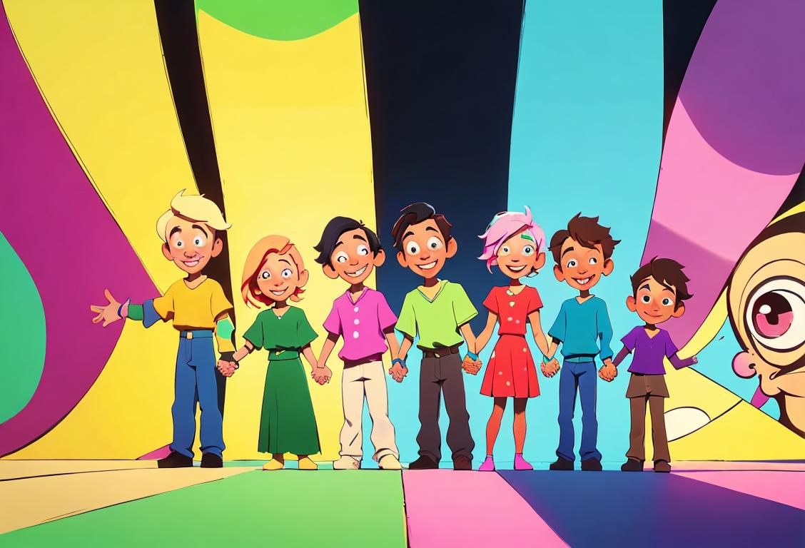 A group of diverse friends holding hands, smiling brightly, and standing against a backdrop of vibrant colors and uplifting quotes..