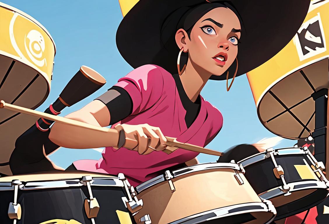 Young woman drumming energetically, wearing drumsticks earrings, funky street fashion, vibrant cityscape setting..