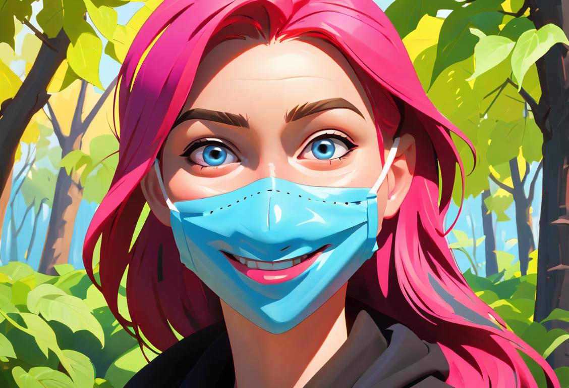 A joyful person smiling with their face mask in their hand, surrounded by nature and vibrant colors..