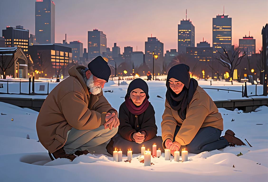 Group of diverse individuals lighting candles at a park, wearing cozy winter clothes, city skyline in the background..