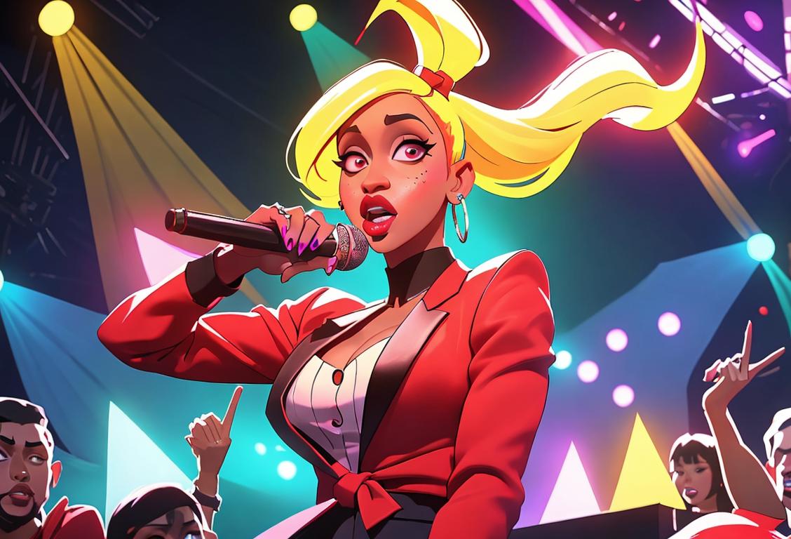 A vibrant image of Cardi B performing on stage, surrounded by a diverse crowd of fans, with colorful lights and energetic atmosphere..