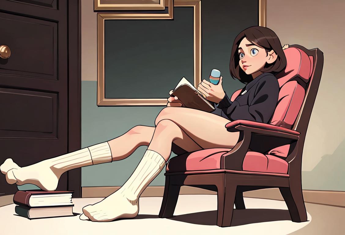 Person wearing cozy socks, sitting in a comfy chair, surrounded by foot care products, with a book about feet on a side table..