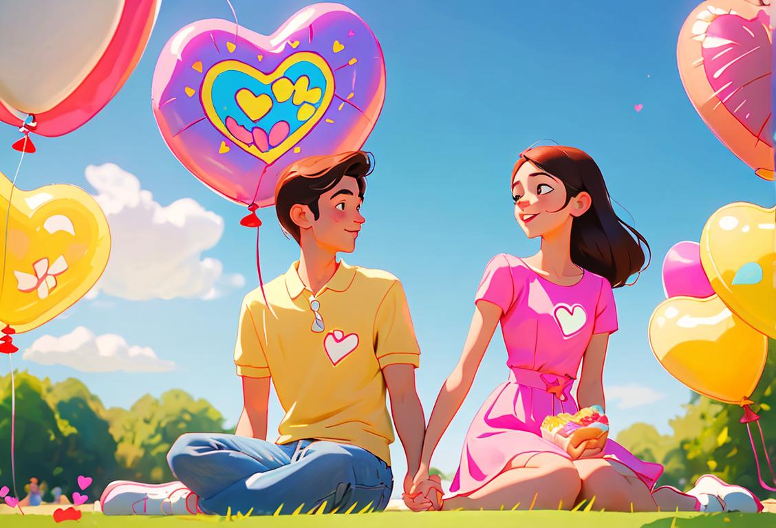 Young couple holding hands, surrounded by heart-shaped balloons, dressed in colorful summer outfits, enjoying a sunny park picnic..