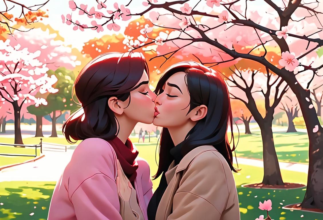 A group of friends sharing an affectionate kiss under a cherry blossom tree, wearing cozy fall fashion, park setting..