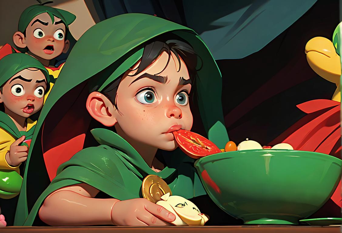A child happily eating a bowl of spinach, wearing a superhero cape and surrounded by toys..