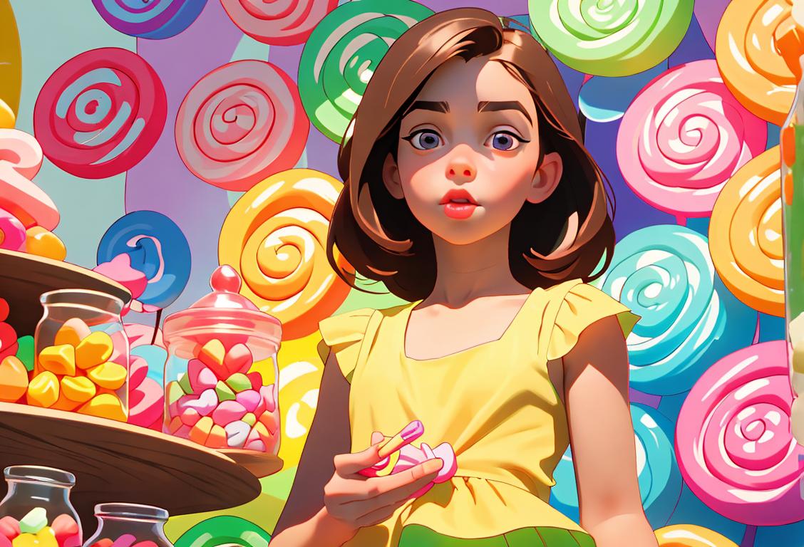 Young girl holding a lollipop, wearing a sundress, in a colorful candy shop surrounded by jars of sweets..