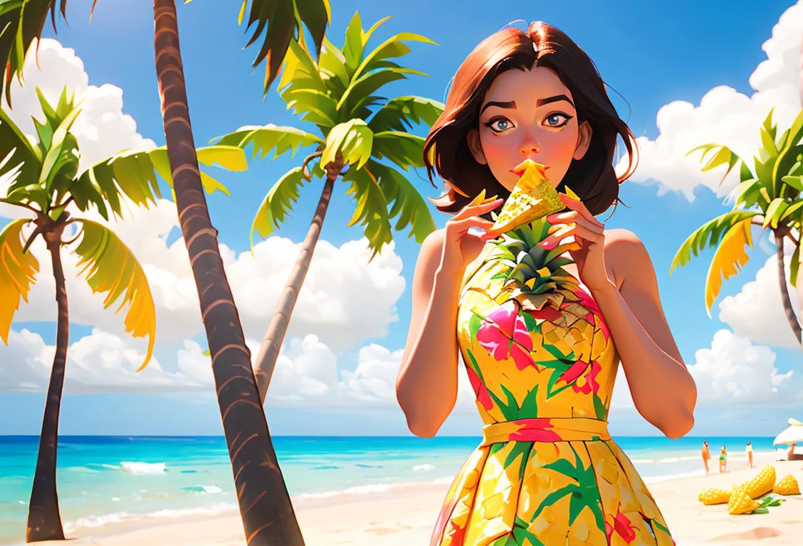 Young woman enjoying a juicy pineapple slice on a sunny beach, wearing a colorful floral dress, surrounded by tropical palm trees..
