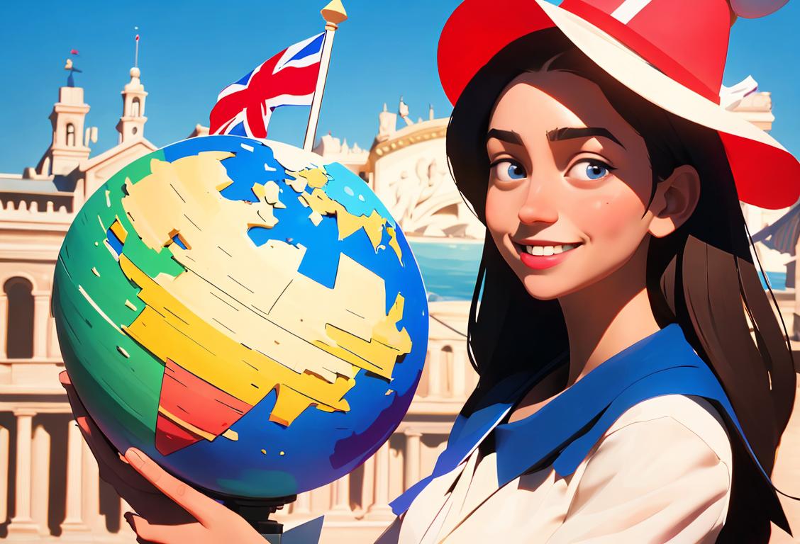 Young girl holding a globe with a smile, wearing a party hat, surrounded by diverse flags and international landmarks..