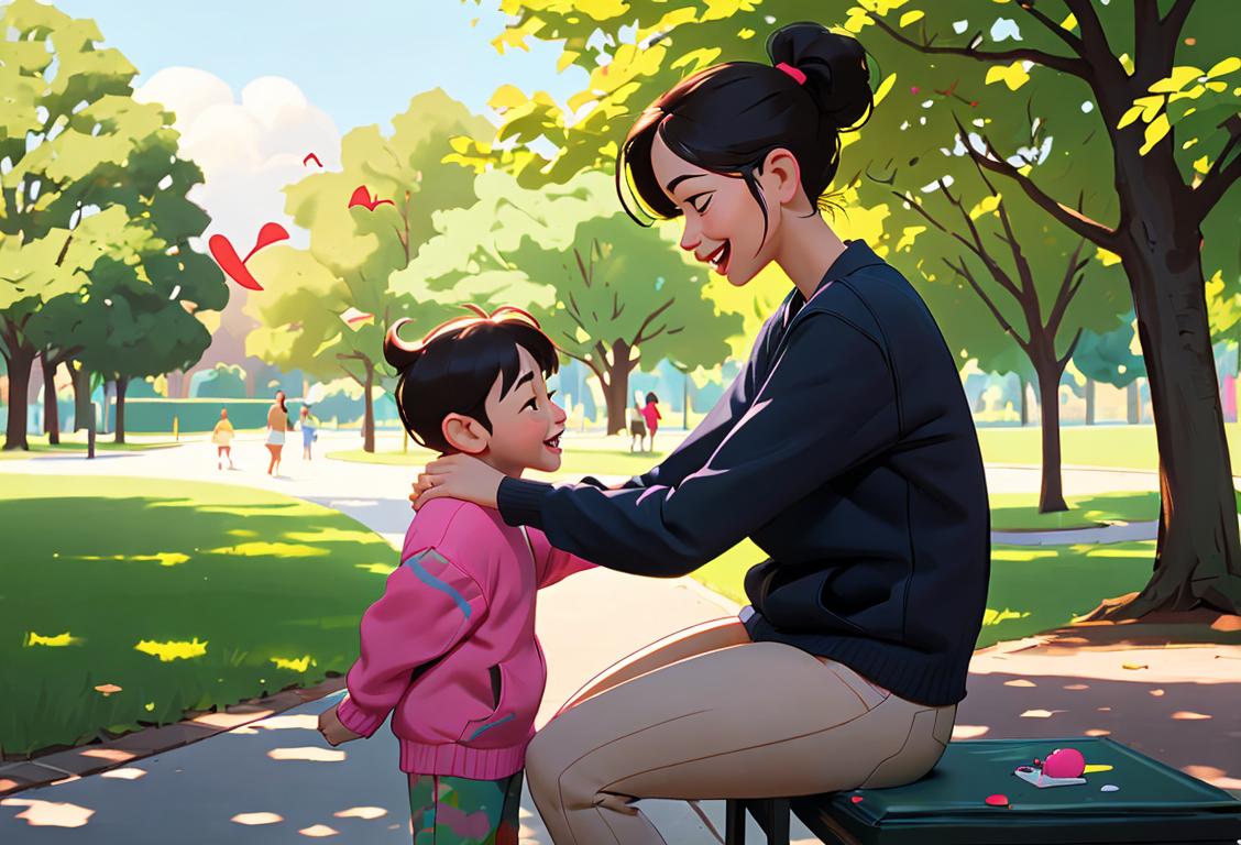 A joyful single parent spending quality time with their child in a park, wearing casual and comfortable clothing, surrounded by nature and laughter..