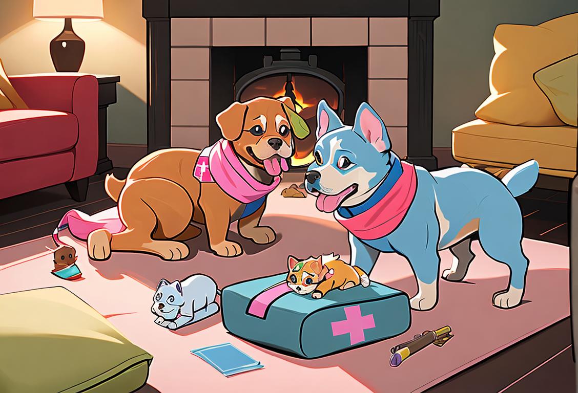Two adorable dogs wearing colorful bandanas, surrounded by emergency preparedness essentials like first aid kits and a pet carrier, in a cozy living room setting..