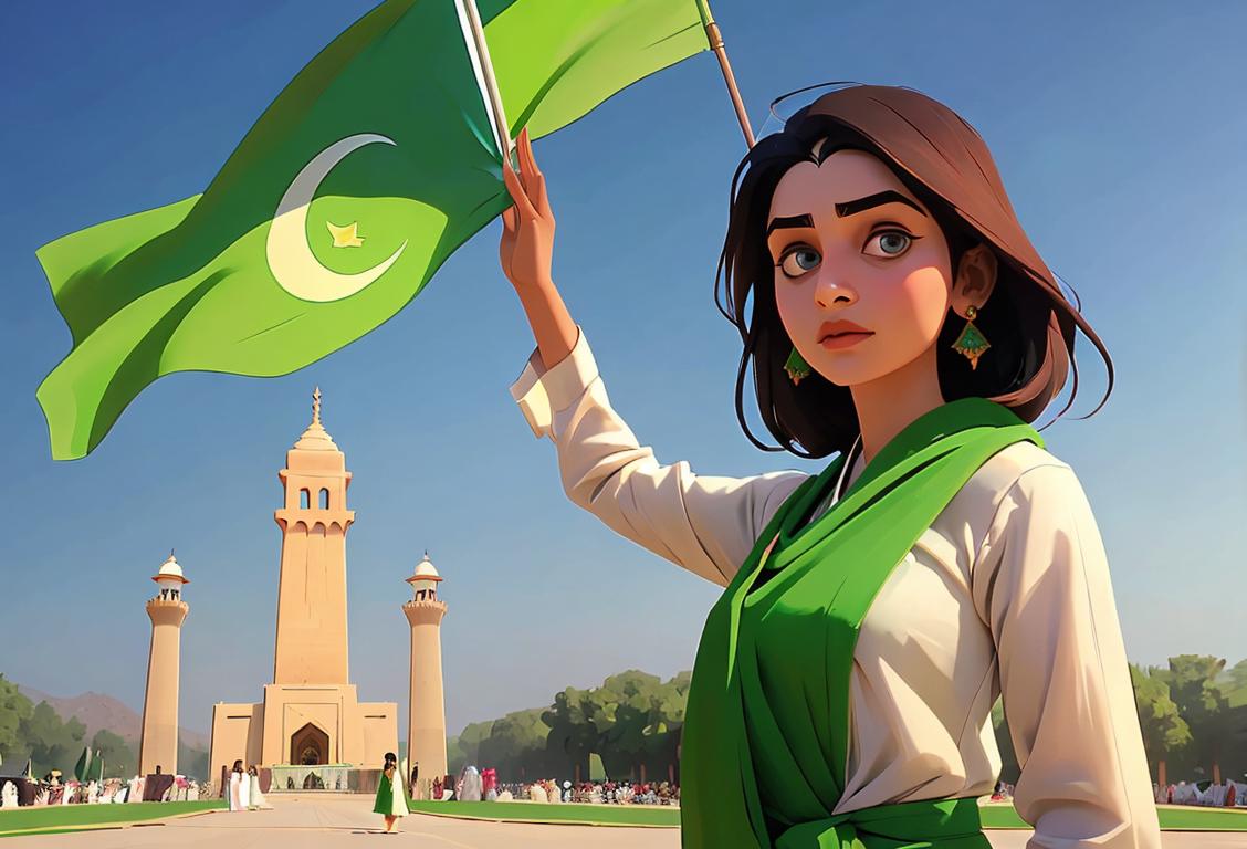 Young girl wearing traditional Pakistani dress, standing in front of iconic national monument, waving Pakistan flag..