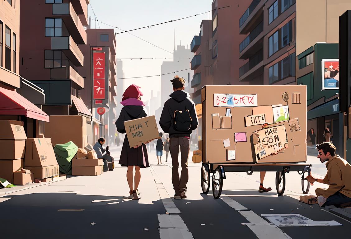 Young couple holding a cardboard sign that says 'HOMELESS', wearing casual clothes, urban city backdrop..