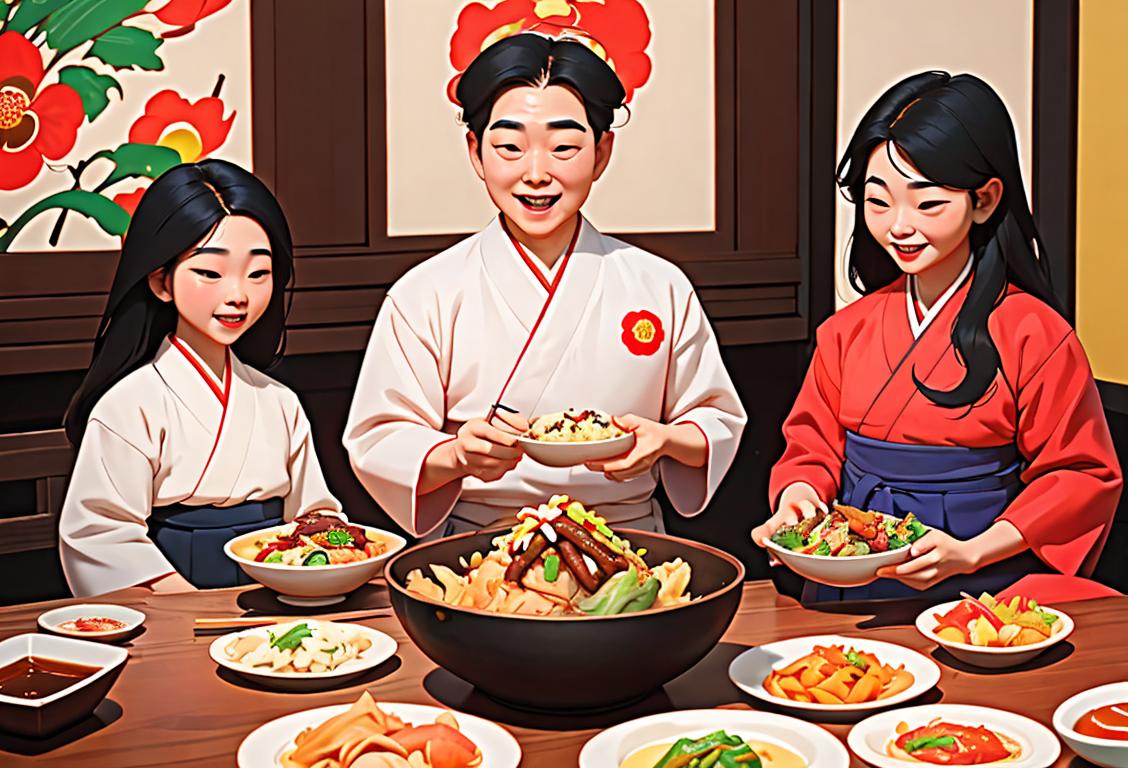 A joyful Korean American family enjoying a traditional Korean meal, wearing hanbok, surrounded by vibrant decorations and cultural artifacts..