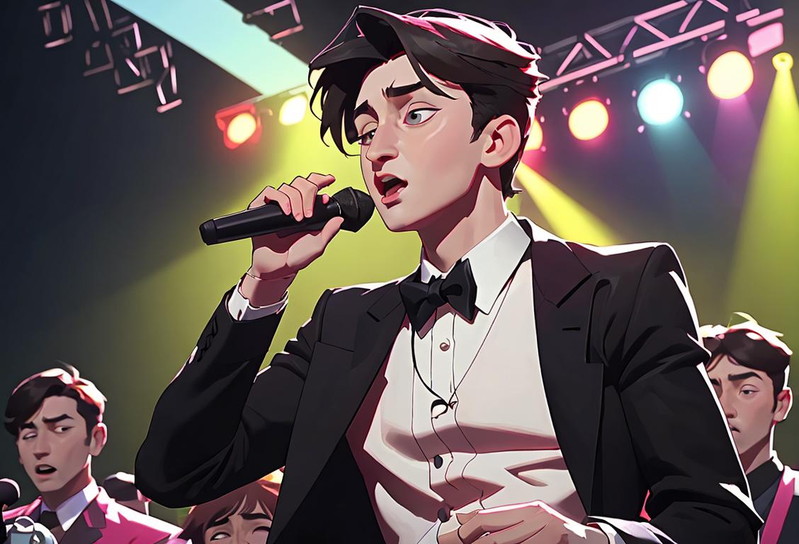 Young man dressed in stylish clothing, holding a microphone, vibrant music festival scene, celebrating National Changkyun Day..