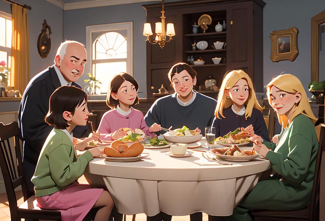 Happy stepfamily gathered around a table enjoying a delicious meal, diverse clothing styles, cozy home setting..