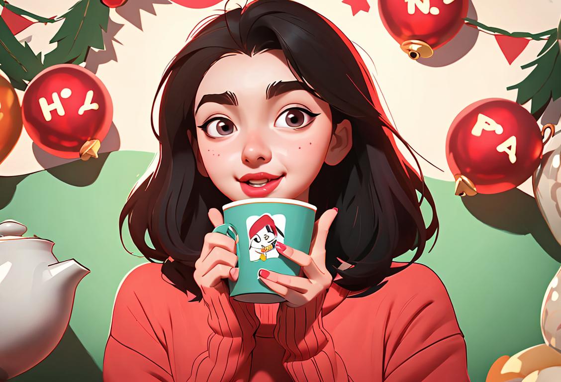 Young woman in a cozy sweater, holding a sign that says 'Happy National Nayeon Day', surrounded by festive decorations and a warm cup of tea..