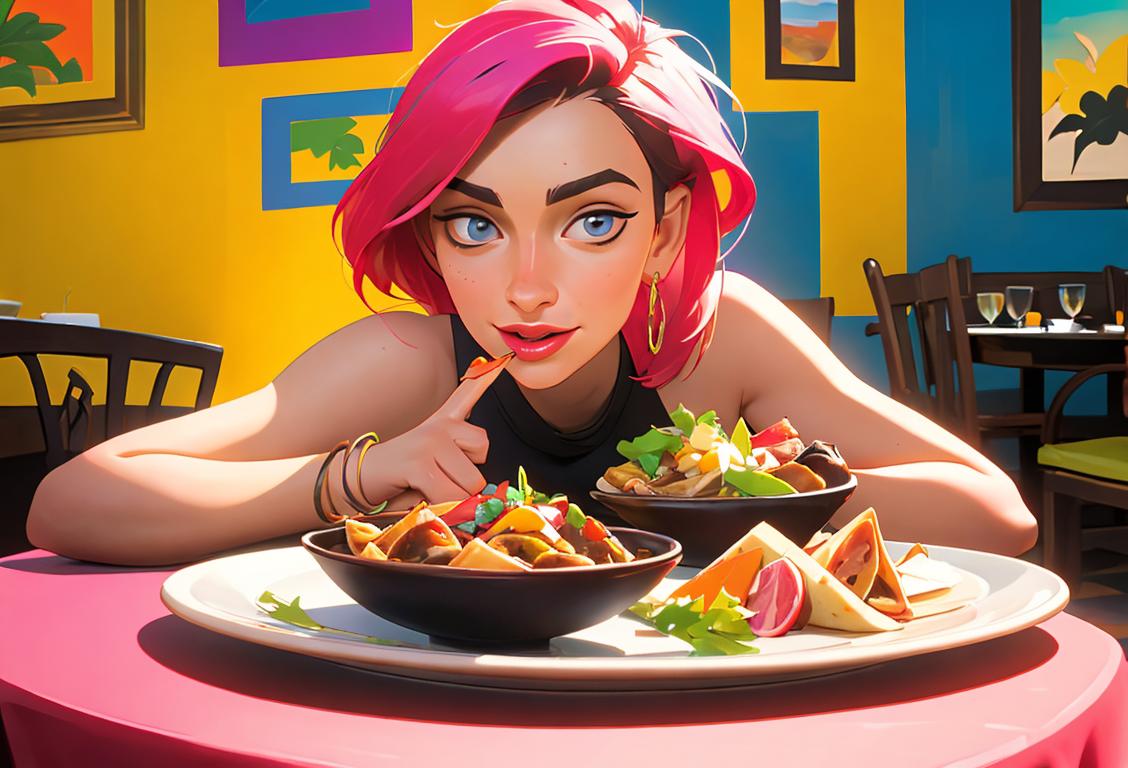 A person enjoying a platter of colorful tapas, surrounded by vibrant Spanish decor and wearing a stylish summer outfit..