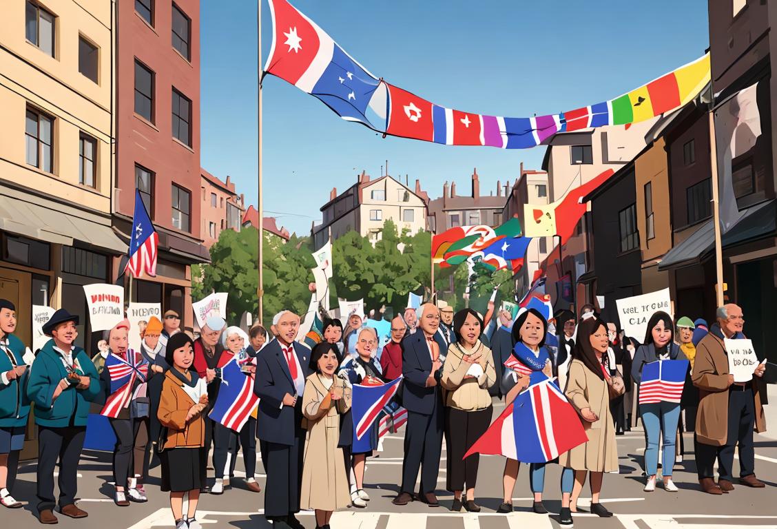 A diverse group of people of all ages and backgrounds happily casting their vote, dressed in casual attire, urban setting, with vibrant flags and banners..