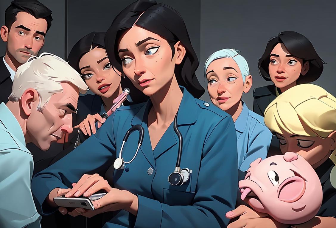 A compassionate paramedic in uniform holding a stethoscope, surrounded by a diverse group of grateful patients..