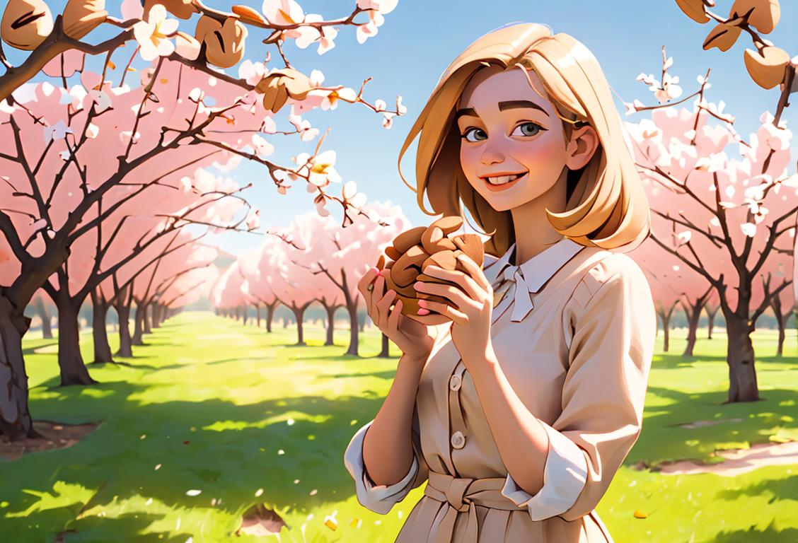 A cheerful person holding a handful of almonds, wearing a trendy outfit, surrounded by almond-based products and orchard scenery..