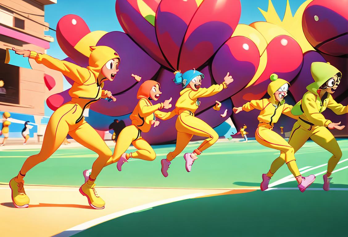 A group of people dressed in zippy attire engaging in energetic activities, with vibrant colors and a dynamic outdoor setting..