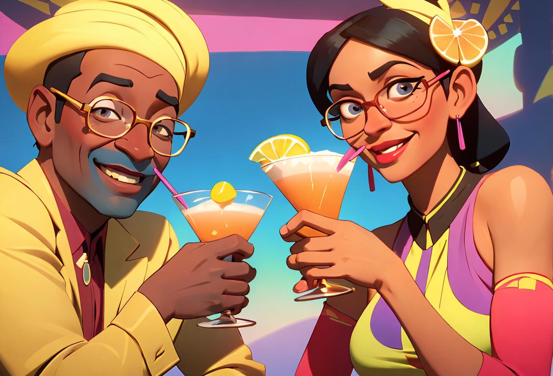 Cheerful individuals clinking glasses filled with brightly colored pisco cocktails, dressed in vibrant attire, against a backdrop of Peruvian cultural motifs..