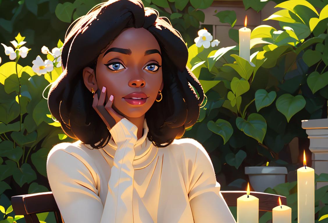 Happy Black woman with natural hair, wearing a cozy sweater, sitting in a lush garden surrounded by candles and affirmations..
