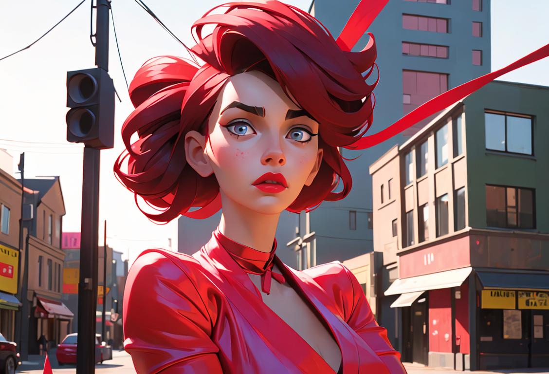 Young woman wearing a red ribbon, rocking a bold hairstyle and trendy outfit, posing confidently in a diverse urban setting..