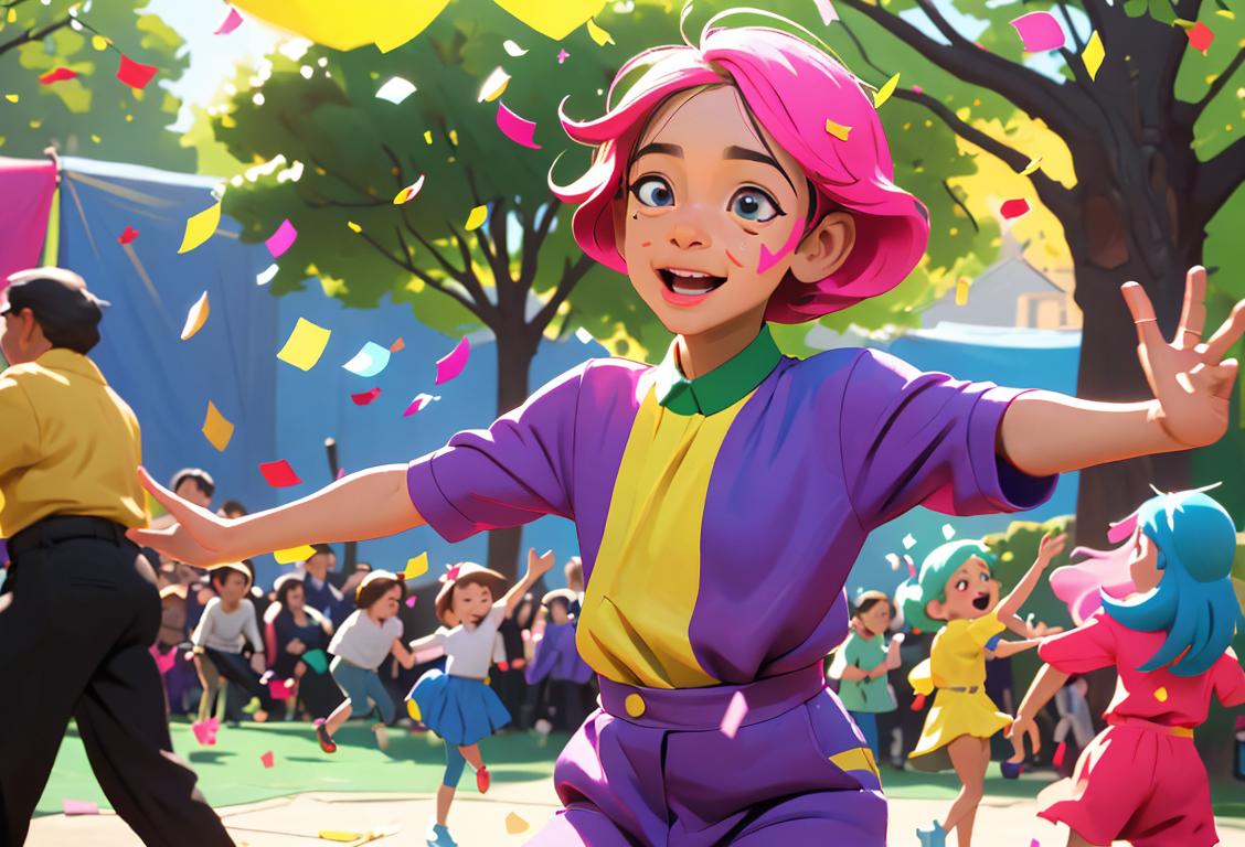 A playful image of people of diverse ages wearing colorful outfits, tossing confetti, and dancing to celebrate National Lil Sas Day in a lively city park..