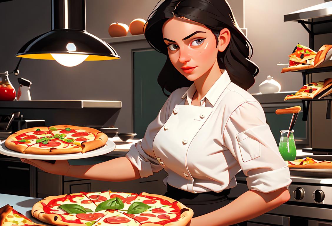 Young woman enjoying a slice of pizza margherita, wearing a chef's hat, surrounded by chef tools and a kitchen scene..