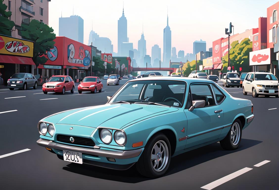 Person in a car with a surprised expression, surrounded by empty parking spaces and vibrant cityscape, showing the excitement of National No Pullout Day..