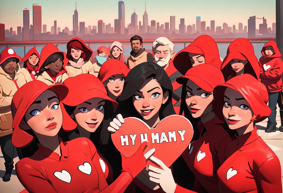 Happy diverse group of people wearing various shades of red clothing, surrounded by a city skyline and holding heart-shaped signs..
