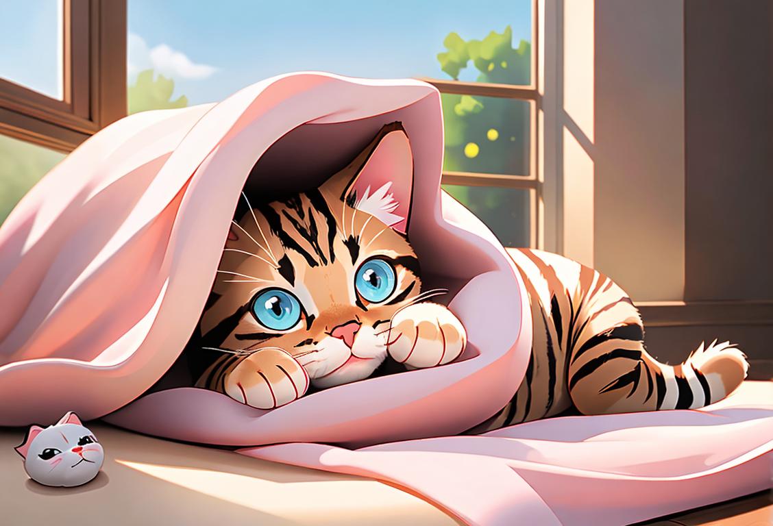 Adorable tabby cat curled up in a cozy blanket, surrounded by cat toys and a sunny window..