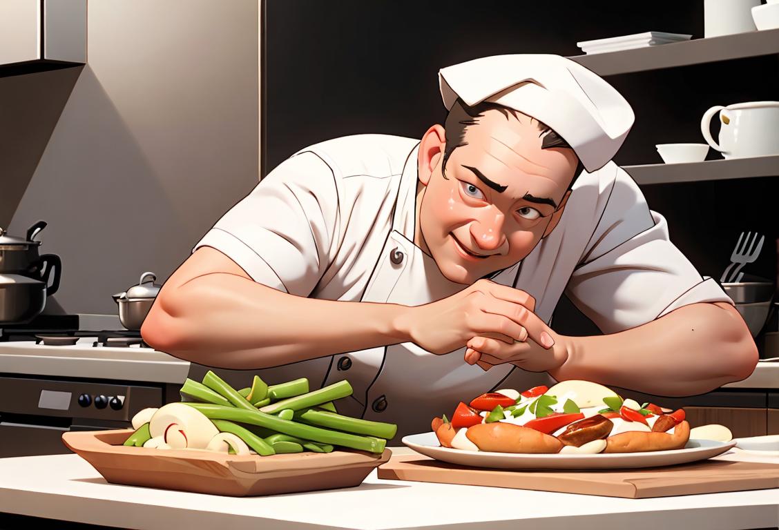 A person in a chef's hat happily transforming leftover food into a gourmet dish in a well-stocked kitchen..