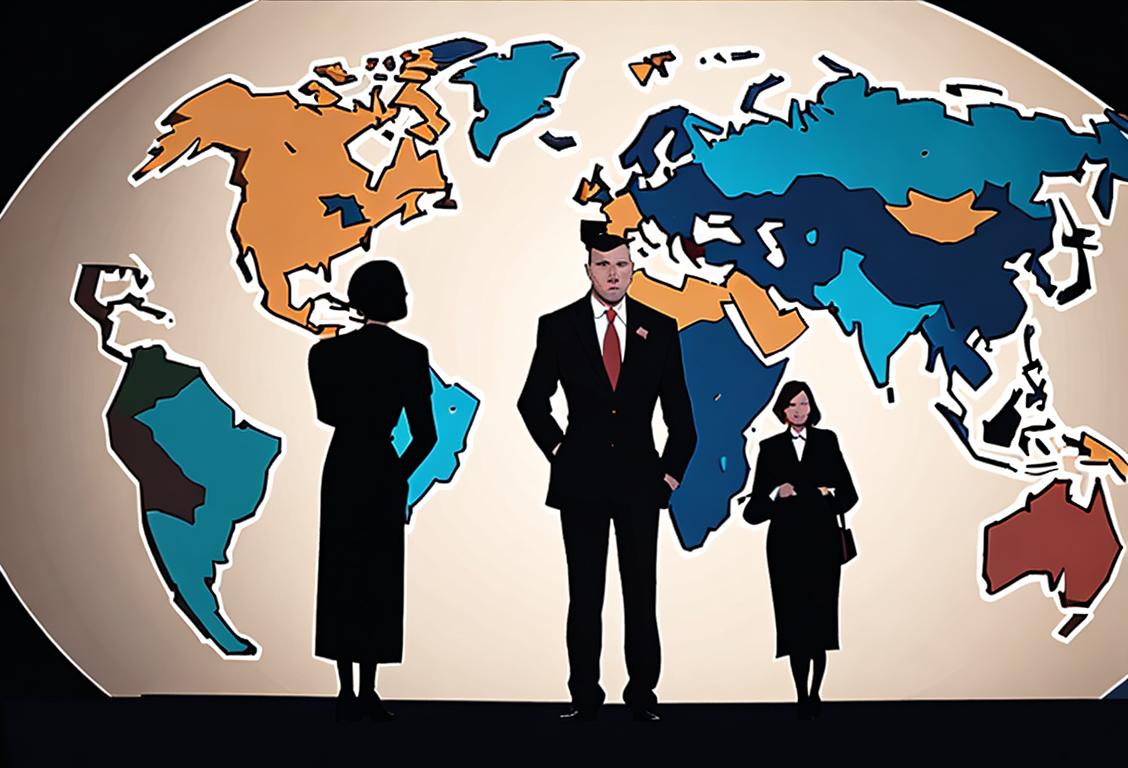 A confident person in formal attire, standing in front of a world map, discussing national security with a group of professionals..